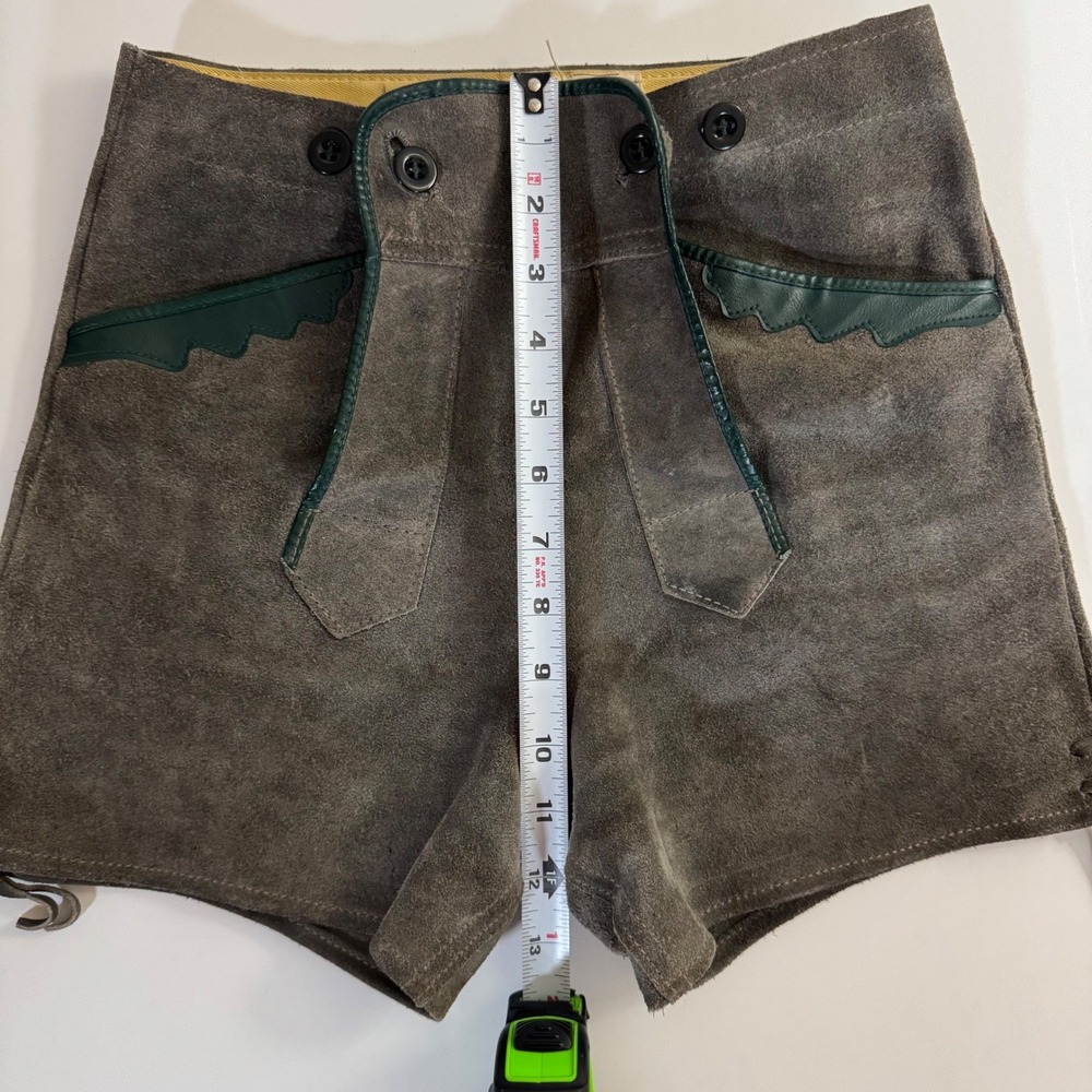 Vintage German Lederhosen Grey Suede Leather Shorts Tie Sides 25" Waist - Picture 3 of 9